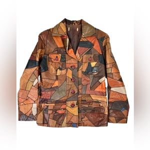 70s USA古着 レザーケープ マント パッチワーク 茶色 vintage OLD RAINBOW LAKE JACKET（SZ 40/VERY GOOD CONDITION） - 古着